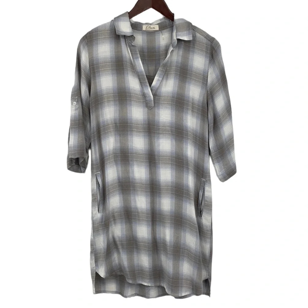 Elan Shirt Dress Women Size Small Gray White Plaid Rayon Half sleeve V-Neck Mini